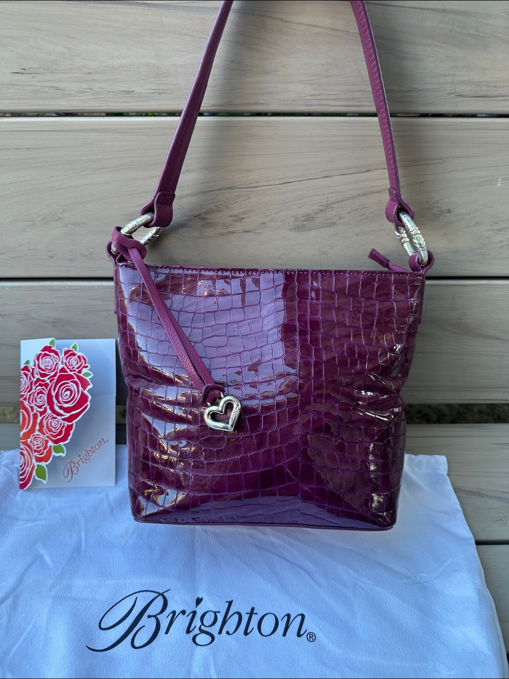 Brighton Cherie Dark Magenta Croc Emboss Patent Leather Shoulder Bag Heart Charm